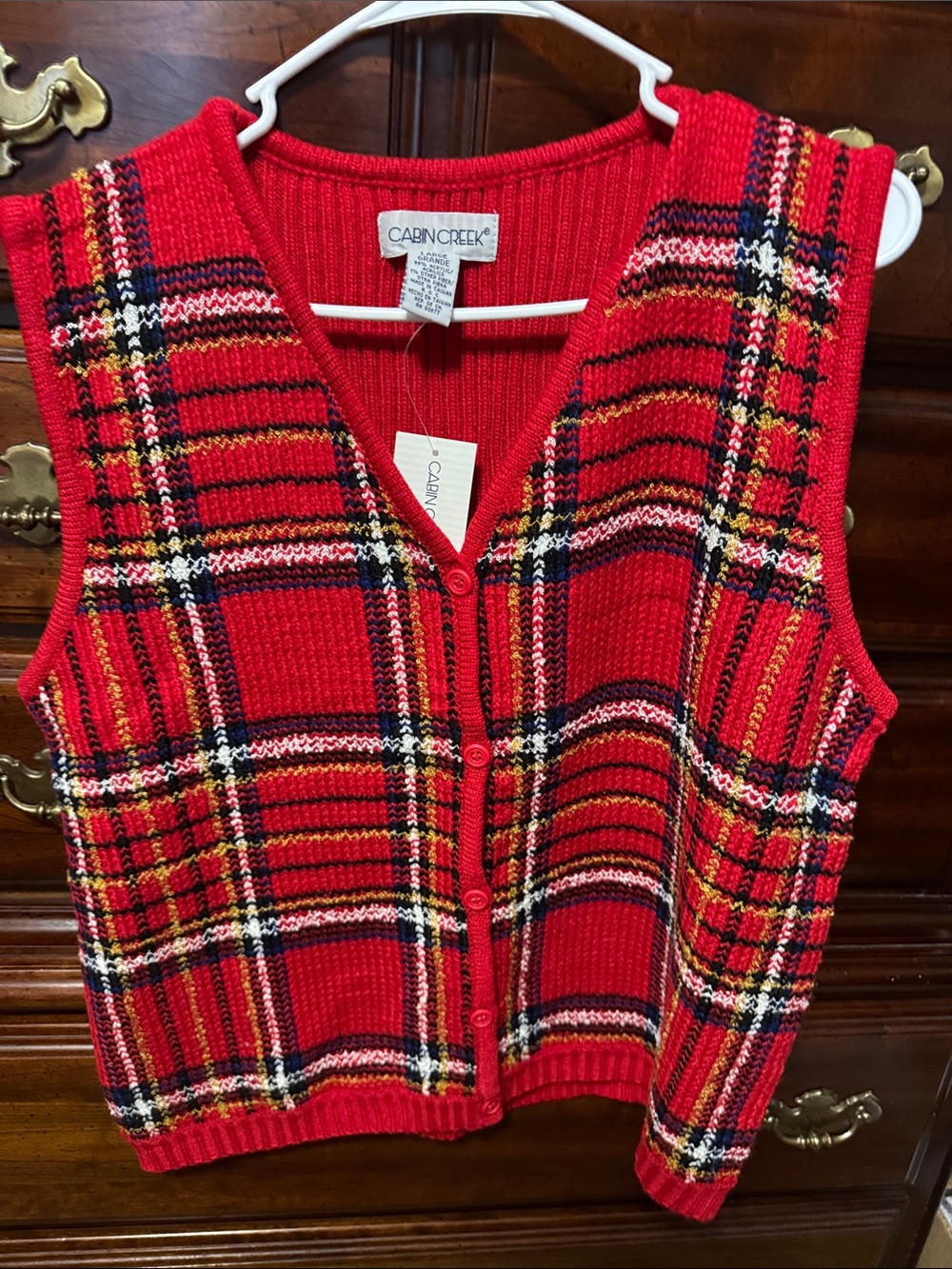 Cabin Creek Red Plaid Button-Front V-Neck Sweater Vest